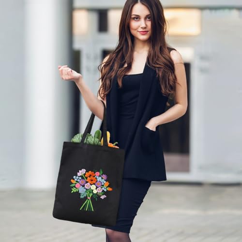 Image of Eforcase Canvas Handbag Embroidery Kit, Flower Embroidery DIY Craft Floral Tote Bag Beginner Kit Include Hoops Color Threads Needle, DIY Sewing Stamped Set