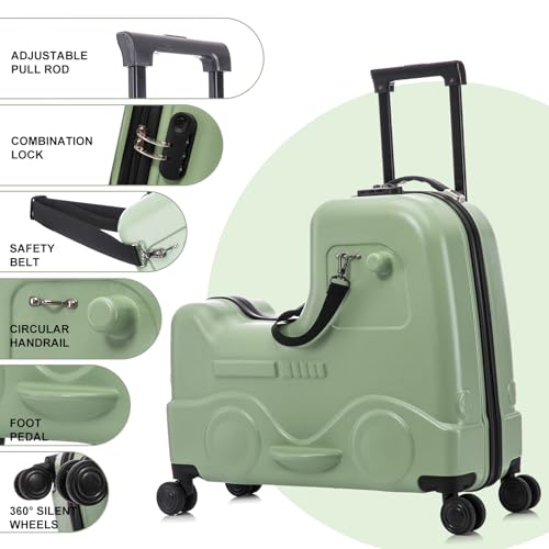 Apelila 22 inch Ride on Suitcase for Kids Travel Trolley Luggage with Spinner Wheels for Child with Combination Lock/Safety Belt/Telescoping Handle (Green)