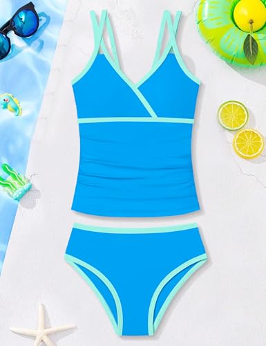 Image of Girls Swimsuit 2 Piece Bathing Suit Criss Cross Ruched Girl Tankini Sets Printed Girls' Swimwear for 9-18 Years