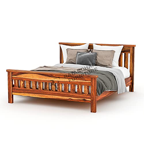 Image of Queen Size Leopard Sheesham Wood Platform Bed Without Storage (Queen Size (6.5 ft x 5 ft), Teak Finish)