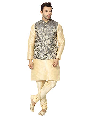 Image of Uri and MacKenzie Men's Silk Blend Regular Kurta Churidar Pyjama with Bundi Nehru Jacket /Waistcoat