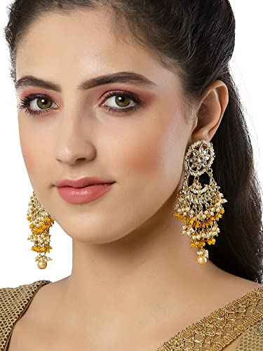 Image of Karatcart Yellow Crystal and Pearl Kundan Dangler Earrings for Women
