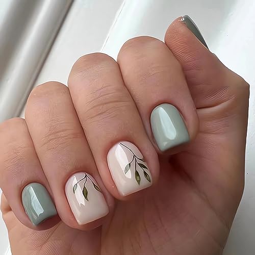 LPOODDNU 24pcs Short Square Nails, Lake Green Leaf Design, Full Cover Glossy Nude Acrylic Nails, ABS Material, for Women