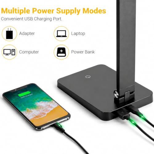 Image of LED Desk Lamp for Home Office, 3 Levels Dimmable Desk Light with USB Charging Port, Small Study Lamp, Reading Light for Table, Black, 5000K