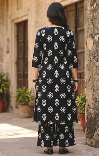 Image of CREATION & YOU Women Cotton Printed Kurta with Palazzo Set | Work /Office Wear Kurta Set for Women