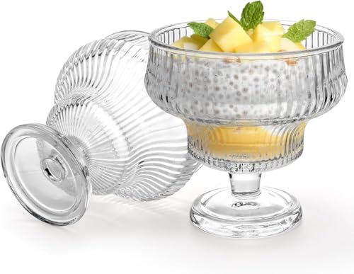 Image of Glassbunny Ice Cream Sundae Glass Bowl Set of 6, Clear Stripes Footed Dessert Bowls Crystal Glass Dessert Cups Perfect for Sundae, Ice Cream, Fruit, Salad, Cocktail, Trifle 300ml
