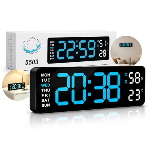 Digital Wall Clock Large Display, Big LED Numbers Alarm Clock with Dual Alarms, DST, Date Temp, Easy to Read, Wall Mount/Tabletop for Living Room & Bedroom, Gift for Student and Seniors (Blue)