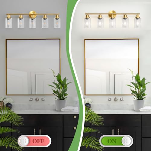 Image of 5-Light Bathroom Vanity Lights, E26 Modern Brushed Gold Bathroom Light Fixtures with Clear Glass Shade, Mirror Kitchen Hallway Cabinet Living Room Sconces Wall Lights