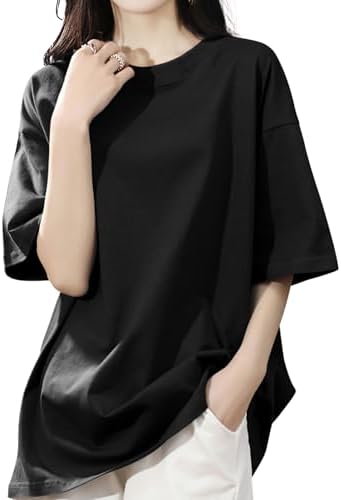 （12:30時点） [SLEEPSINERO] tシャツ レディース 半袖 【体型カバー・ゆったり細見え】 シャツ レディーストップス 春 夏 クルーネック 大きいサイズ 吸汗速乾 通気 着痩せ オーバーサイズ レディース夏服 カットソー ロング 5分袖 おしゃれ (M,ブラック)