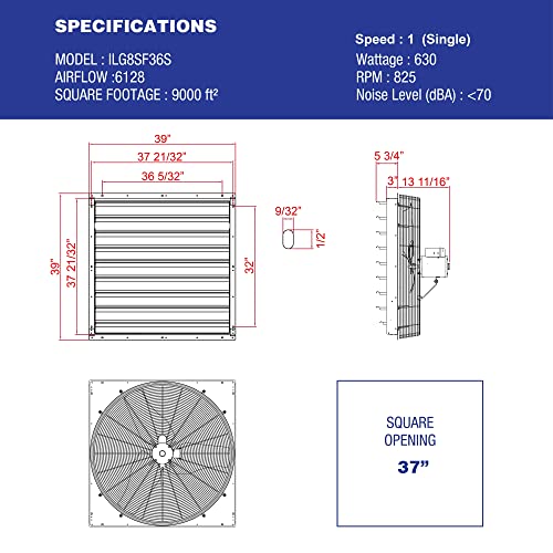 Image of Iliving - 36 inch Wall Mounted Shutter Exhaust Fan - Automatic Shutter - Single Speed - Vent Fan For Home Attic, Shed, or Garage Ventilation, 6128 CFM, 9000 SQF Coverage Area, Silver (ILG8SF36S)