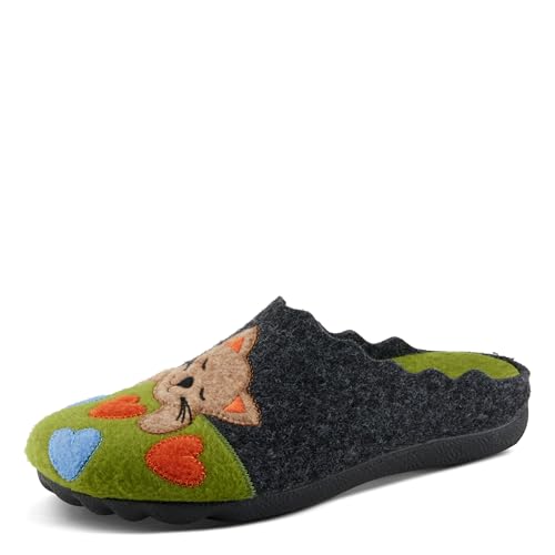 Flexus Spring Step Cuttlecat Cute Slippers for Women Indoor - Wool Felt Kitten Embroidery Comfortable Slide On House Shoes for Women