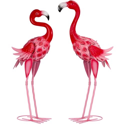 XONOR Metal Garden Flamingo Statues and Sculptures Set of 2 Pink Outdoor Metal Flamingos Bird Art for Home Yard Patio Lawn Backyard Porch Decorations