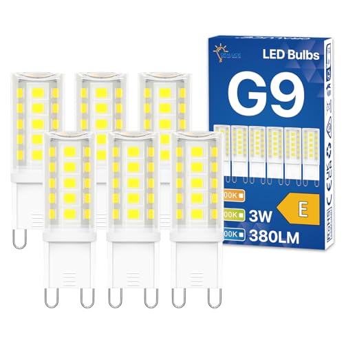 ORALUCE G9 LED Bulbs Cool White 3W 6000K Equivalent to 30-40W Halogen G9 Bulb 380 LM AC 220-240V No Flicker Non-Dimmable Light Bulbs Pin for Home Lighting Decor 6 Packs
