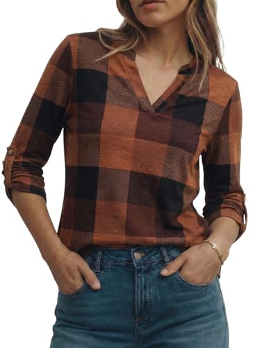 Image of Dokotoo Womens Tops Plaid Cotton Cuffed 3 /4 Sleeve Shirts Blouses