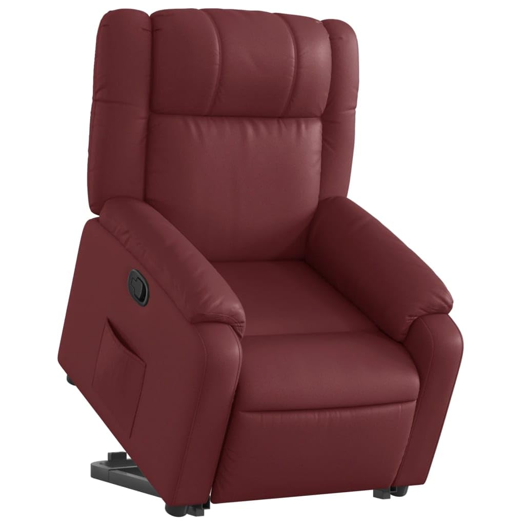 Fauteuil rehausseur inclinable en similicuir rouge vin avec moteur électrique et inclinaison manuelle à 135 degrés pour une assise confortable et un levage assisté