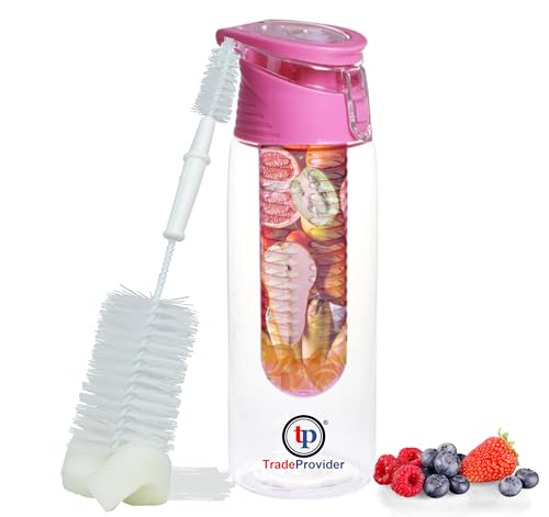 Drinking Water Bottle with Fruit Infuser (700ml) and x2 Cleaning Brush, Leakproof BPA Free, Tea Coffee Juice Infusing for Sports Home Office Gym Cycling (Pink) by TradeProvider®