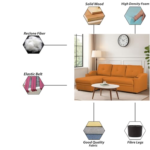 Image of Casaliving Ravonna LHS 4 Seater L Shape Corner Sofa Cum Bed for Living Room (Orange Fabric) Premium Fabric Sofa
