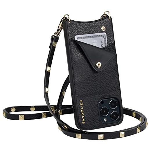 Bandolier Sarah Crossbody Phone Case and Wallet - Black Leather with Gold Detail - Compatible with iPhone 13 Pro