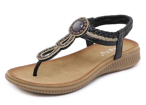 Meik Mangni Mujer Sandalias Planas Verano Bohemio Sandalias de Playa Punta Abierta Clip Toe Pisos Cómodo Casual Zapatos A Negro 39 EU