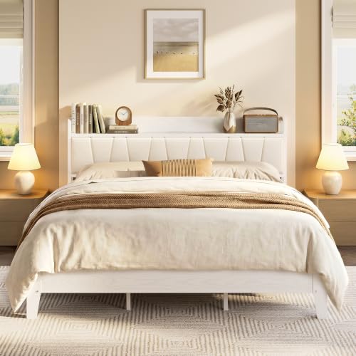 Image of LIKIMIO California King Bed Frames, PU Leather Storage Headboard with Charging Station, Solid and Stable, Noise Free, No Box Spring Needed, Easy Assembly, White