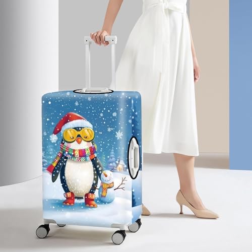 Image of Christmas Penguin Luggage Cover - Cute Winter Penguin Suitcase Protector, Holiday Travel Luggage Sleeve, Stretchable & Waterproof,S