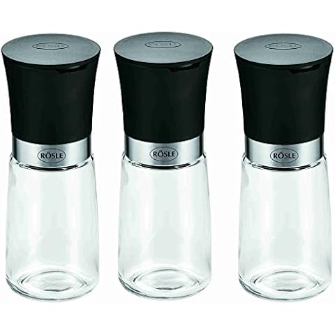 RÖSLE Gewürzmühlen-Set 3-tlg., Hochwertige Salz- und Pfeffermühlen mit Keramikmahlwerk für alle Arten von Gewürzen, Glasbehälter, 11 cm Cover