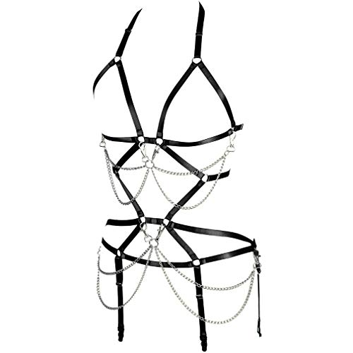 Women's Full Body Harness Bra Garter Set Lingerie Cage Punk Gothic Belt Festival Rave Body Chain Stretchy Fabric (Black) #TOP2