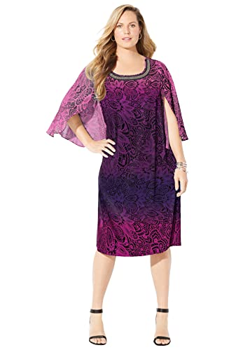 Catherines Women's Plus Size Tulip Sleeve Shift Dress - 1X, Berry Pink Ombre Paisley Multicolored (4244) #TOP19