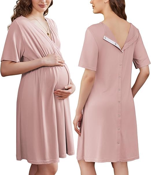 ELESOL Labor and Delivery Gown for Hospital Short Sleeve Maternity Nursing Dress Nightgown with Button S-XXL