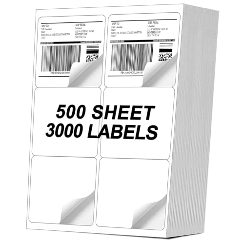[500 Sheets 3000 Pcs] 6-UP 4''x3-1/3'' Shipping Labels for Laser & Inkjet Printers, A4 6 UP Shipping Mailing Stickers, 6 Pcs Per Page Shipping Labels,8.5"×11" White Stickers for Printer