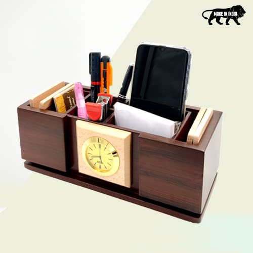 Image of Woodhouse Wooden Pen Stand with Clock, Office Table & Study Table Organiser, Brown