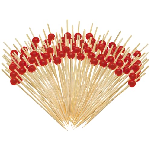 GIKPAX 100 Palillos de cóctel de bambú con Cuentas Rojas para cócteles, Alimentos, Frutas, cócteles, Suministros para Fiestas, Bebidas, bocadillos, Frutas, Hamburguesas (4,7 Pulgadas)