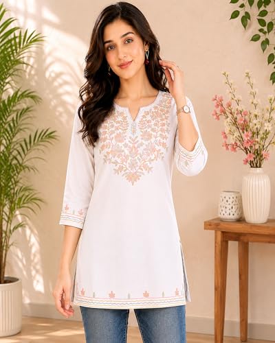 Image of Women's Gulnar Pure Cotton Kashmiri Embroidered A-line 3 /4 Cuff Sleeves Kurti | Short Kurta