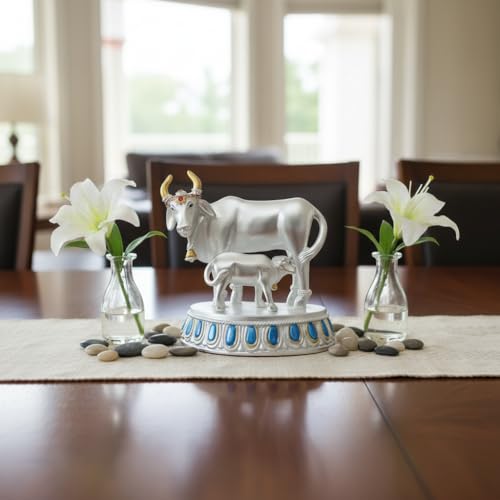 Image of Silver Plated Cow and Calf Idol | Satin Finish Holy Kamadhenu Statue on Royal Blue Base | Spiritual Decor for Home & Pooja Room | 15.3 x 9 x 12.3 cm