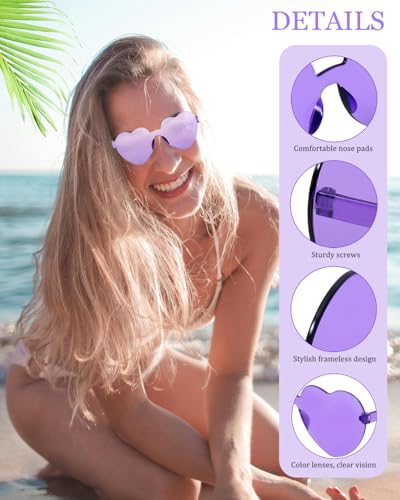 Heart Shaped Sunglasses Rimless Heart Sunglasses Bulk Transparent Heart Glasses Rave Party Favors for Women Men (4Pack)4
