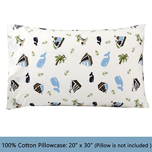 Image of Cozy Line Home Fashions 100 Cotton 3 Piece Toddler Sheet Set, Soft Breathable Crib Bedding Set for Boys Includes a Flat Sheet, a Fitted Sheet, a Pillowcase, Ocean Blue Whale Ships Sail Monkey Island