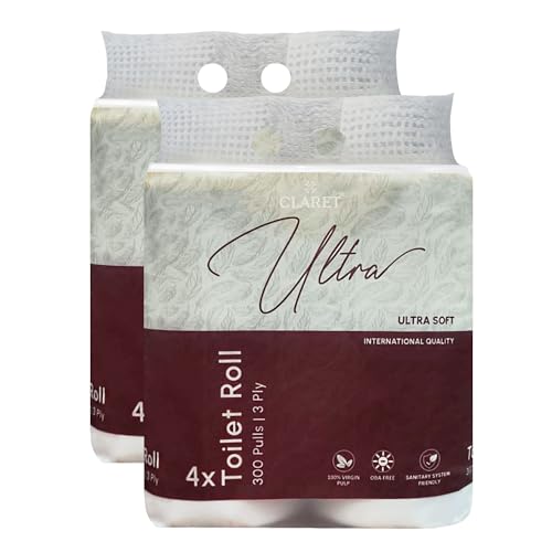 Image of Claret Ultra Soft 3-Ply Virgin Pulp Toilet Rolls | 300 Pulls Each Skin-Friendly | 4 Rolls in 1 Pack | OBA-Free | Sanitary System Friendly (Pack Of 8 Rolls)