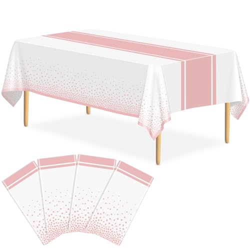 Image of 4 Pack White and Rose Gold Tablecloth Party Decorations Plastic White Tablecloth Printed Rose Gold Table Runner 54 x108 Inch Disposable Rectangle Table Cover for Birthday Wedding Graduation