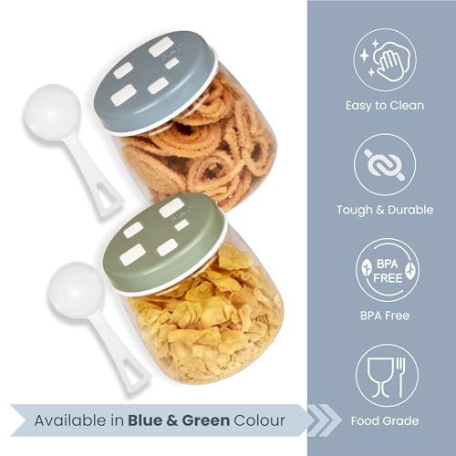 Image of FLAIR Cubics Airtight Food Storage Containers Set of 2 (1000ml each) with Spoon - Blue, BPA-Free, PET Plastic Jars, Space-Saving for Pantry, Snacks