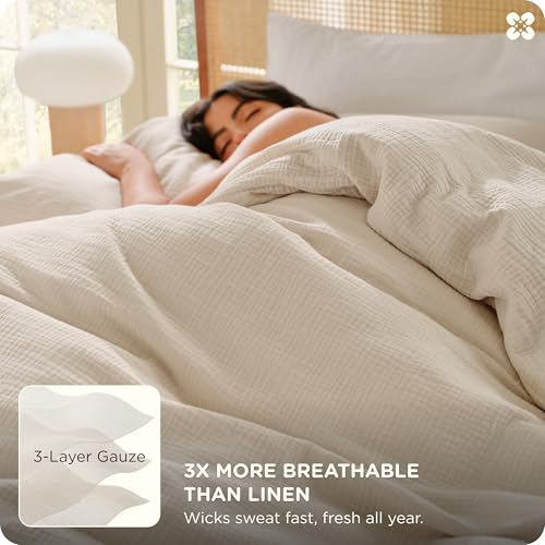 Image of Bedsure PureWoven 100% Cotton Muslin Duvet Cover Queen Size 3-Layer Gauze