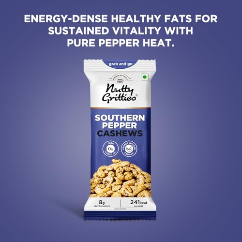 Image of Nutty Gritties Premium Jumbo Size Southern Pepper Cashew Nuts 240g, Natural Flavoured Whole Cashew | W240 | Zero Breakage | Resealable Pouch | Each Pouch 40g | Pack of 6