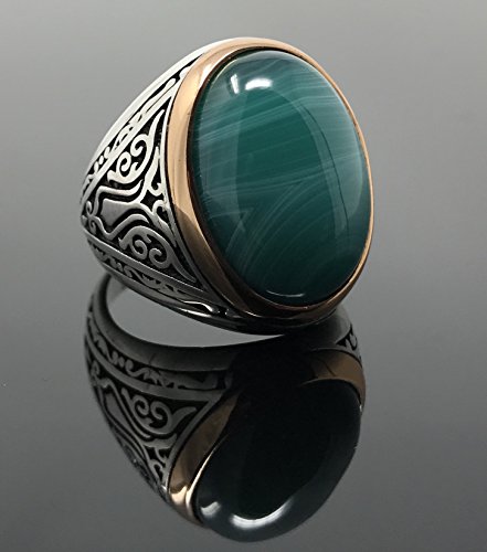 KAR 925K Stamped Sterling Silver Special Green Agate Men's Ring K52E2