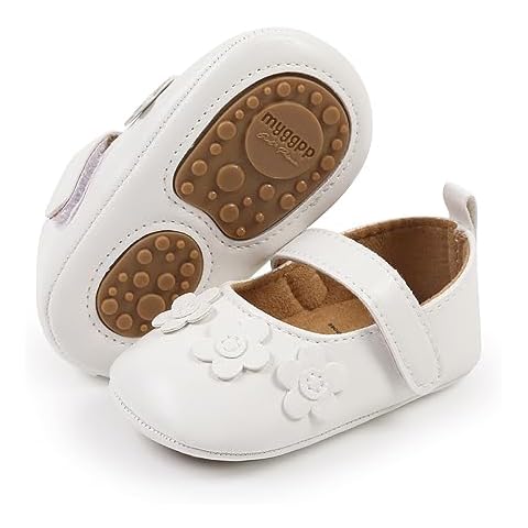 GAISUMMI Baby Girls Shoes Soft PU Leather Floral Infant Mary Jane Flats Newborn Prewalkers Non-Slip Toddler Princess Dress Shoes(A04/White,0-6 Months) Cover