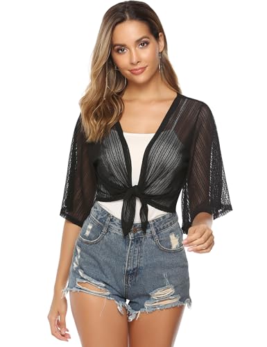 Image of iClosam Women Tie Front Chiffon Shrug Short Sleeve Cropped Sheer Bolero Shrug Cardigan