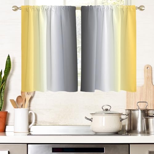 AAtter Yellow and Grey Window Curtains for Kitchen Gray Black White Ombre Art Boys Girls Men Small Short Home Living Room Bedroom Bathroom Drapes Treatment Tiers Fabric 1 Pair, 27.5