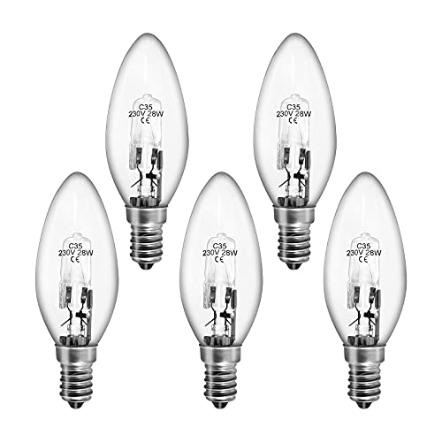 5 Stück Halogen Glühbirne E14 kerzen Dimmbar,28Watt E14 Halogenlampen 2800K Warmweiß ,Klar Glühlampe 2500 Hours Life by Sarveeta Cover