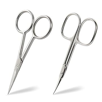 BEZOX Set di forbici 2 pezzi per forbici per forbici per cuticole, forbici per la cura delle sopracciglia e forbici per tagliare la barba - Con scatola di immagazzinaggio in latta