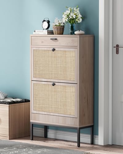 Brafab Shoe Storage Cabinet with Flip Drawers & Adjustable Shelves, Rectangular Rattan Doors - For Hallways and Entryways