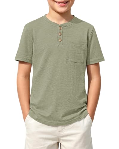 Jungen T-Shirt für Baumwolle Sommer Kurzarm mit Knopfleiste und Brusttasche einfarbig lässig für täglich für Jungen im Alter von 7-8 Jahren Mintgrün