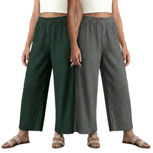 Image of Set of Combo Trouser and Pants for Girls and Women's Relaxed Fit Stretchable Regular Fit Palazzos Lightweight Elastic Waistband Bottoms for Daliy Office & Casual Wear